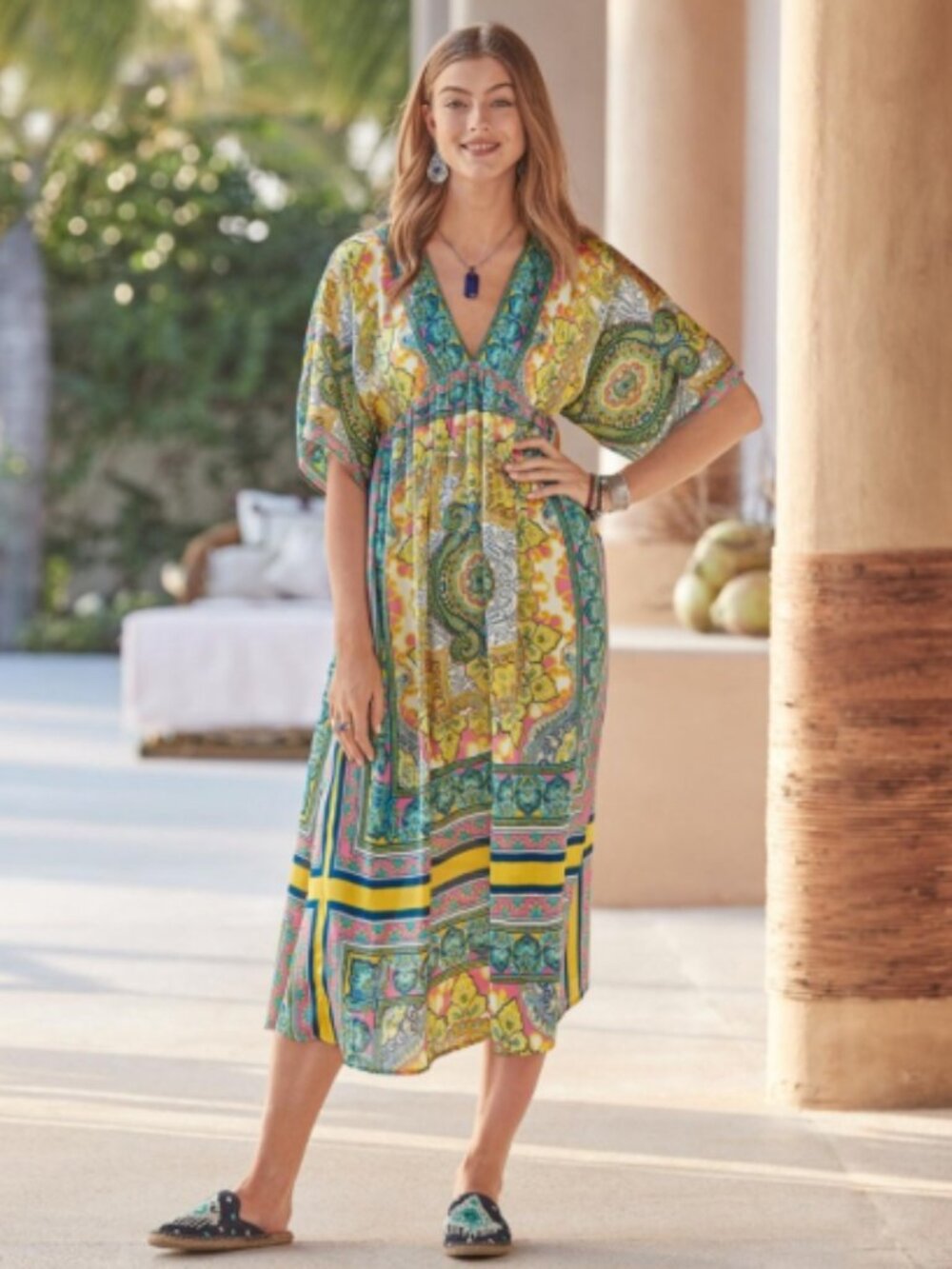 SUNDANCE I NWT Bella Verona Boho Mixed Print Kimono Style Silky Dress, L - Picture 2 of 13